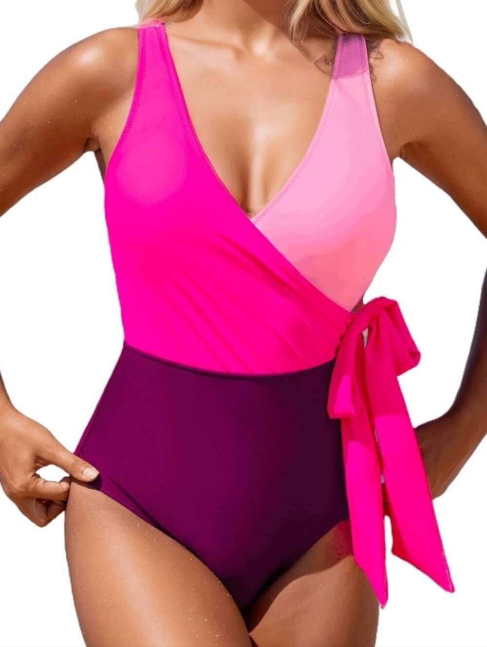 Cupshe Colorblock V-Neck Side Tie One Piece Swimsuit - Picture 1 of 9